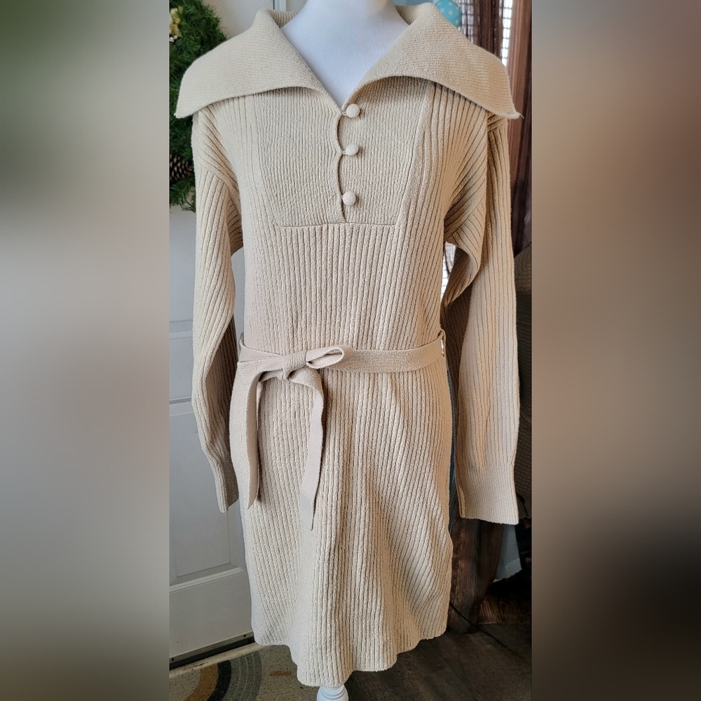 Asos & Stories Ribbed Sweater Dress Womens S Tan Wide Collar Button Detail Belt